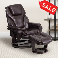 Flash Furniture Contemporary Brown Leather Recliner and Ottoman with Swiveling Mahogany Wood Base BT-70222-BRN-FLAIR-GG